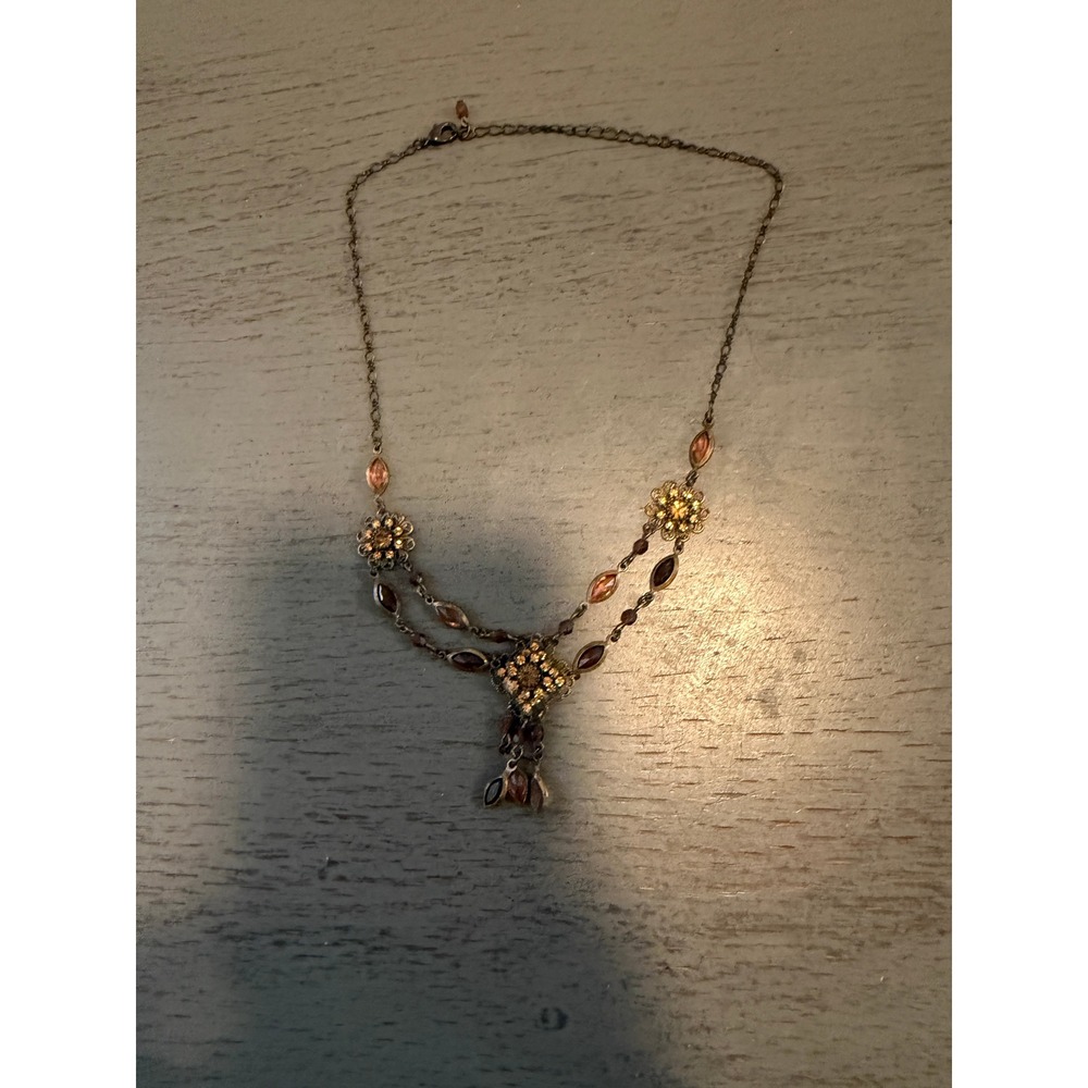 Vintage Bronze Tone Amber Rhinestone Floral Bib Necklace Bohemian Filigree 18in